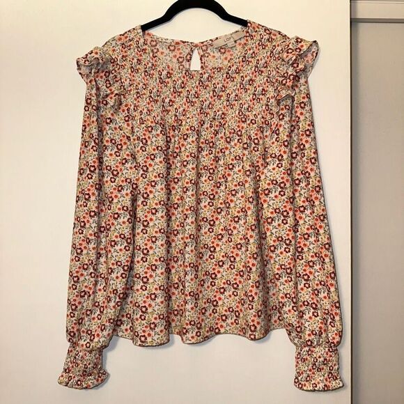 LOFT Women’s Floral Ruffle Boho Long Sleeve Flow Shirt Size Large - Picture 1 of 11